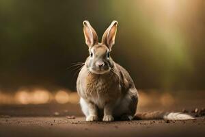 un' coniglio seduta su il terra nel davanti di un' sfocato sfondo. ai-generato foto