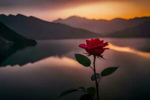 un' singolo rosa è in piedi nel davanti di un' lago a tramonto. ai-generato foto