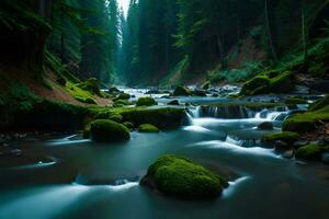 un' fiume fluente attraverso un' foresta con muschioso rocce. ai-generato foto