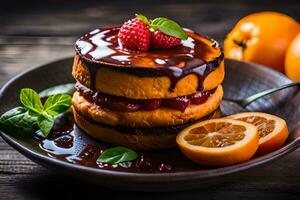 un' pila di Pancakes con frutti di bosco e cioccolato. ai-generato foto