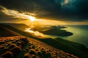 tramonto al di sopra di il oceano e erboso colline. ai-generato foto