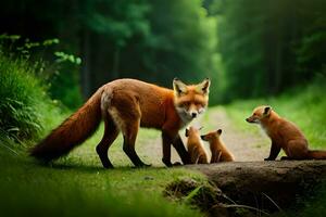 un' madre Volpe e sua Due cuccioli nel il boschi. ai-generato foto