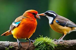 Due colorato uccelli siamo in piedi su un' ramo. ai-generato foto