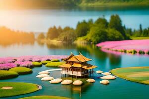 un' piccolo pagoda si siede su un' lago circondato di fiori. ai-generato foto