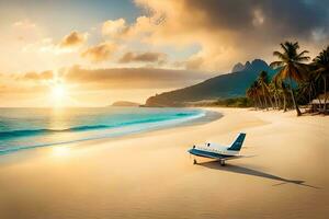 un' piccolo aereo si siede su il spiaggia a tramonto. ai-generato foto