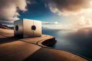 un' cubo sagomato altoparlante si siede su un' ripiano prospiciente il oceano. ai-generato foto