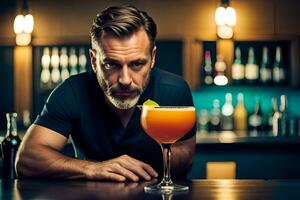 uomo con barba seduta a bar con cocktail. ai-generato foto