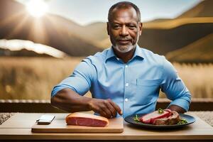 un' uomo è taglio carne su un' piatto. ai-generato foto