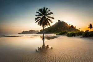 un' palma albero sta su il spiaggia a tramonto. ai-generato foto