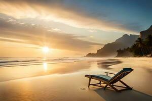 un' spiaggia sedia si siede su il sabbia a tramonto. ai-generato foto