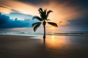 un' palma albero sta su il spiaggia a tramonto. ai-generato foto