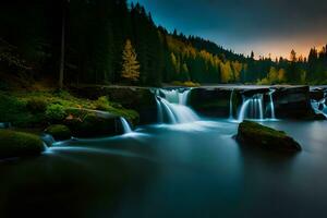 un' bellissimo cascata nel il foresta a tramonto. ai-generato foto