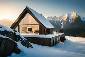 un' moderno Casa si siede su superiore di un' montagna. ai-generato foto