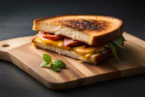 grigliato formaggio Sandwich con prosciutto e formaggio su un' di legno taglio tavola. ai-generato foto