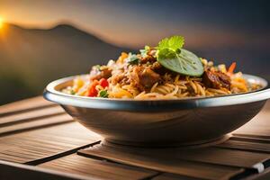 un' ciotola di tagliatelle con verdure e carne su un' tavolo. ai-generato foto