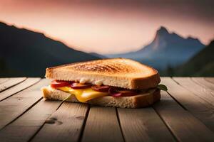 un' grigliato formaggio Sandwich su un' di legno tavolo con montagne nel il sfondo. ai-generato foto