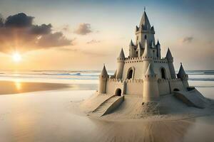 un' sabbia castello su il spiaggia a tramonto. ai-generato foto