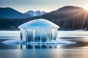 ghiaccio Casa su lago nel il montagne. ai-generato foto