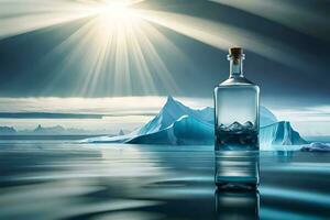un' bottiglia di Vodka nel davanti di un iceberg. ai-generato foto