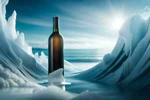 un' bottiglia di vino è seduta su superiore di un ghiaccio onda. ai-generato foto