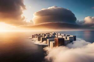 un' nube al di sopra di un' edificio nel il oceano. ai-generato foto