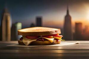 un' Sandwich con formaggio e pomodori su un' tavolo nel davanti di un' paesaggio urbano. ai-generato foto