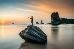un' uomo in piedi su un' roccia a il spiaggia a tramonto. ai-generato foto