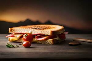 un' Sandwich con formaggio, prosciutto e pomodori su un' di legno tavolo. ai-generato foto