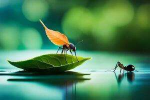 Due formiche su un' foglia con un' la farfalla. ai-generato foto