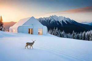 un' cervo sta nel davanti di un' bianca Casa nel il neve. ai-generato foto