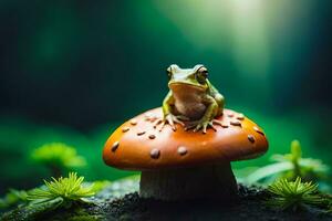 un' rana si siede su superiore di un' fungo nel il foresta. ai-generato foto