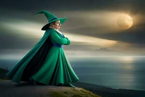 un' donna nel un' verde vestito e cappello sta su un' collina prospiciente il oceano. ai-generato foto