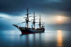 un' andare in barca nave nel il oceano con un' pieno Luna. ai-generato foto