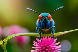 un' colorato insetto è seduta su un' fiore. ai-generato foto