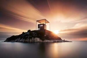 un' faro su un isola a tramonto. ai-generato foto