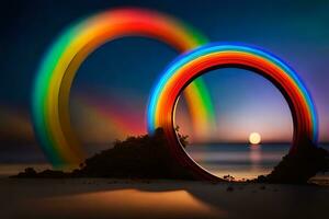 un' arcobaleno è mostrato nel davanti di un' spiaggia. ai-generato foto