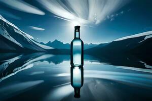un' bottiglia di vino è seduta su il acqua con montagne nel il sfondo. ai-generato foto