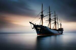 un' grande andare in barca nave nel il oceano a tramonto. ai-generato foto