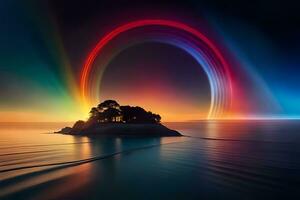 un' arcobaleno è visto al di sopra di un' piccolo isola nel il oceano. ai-generato foto