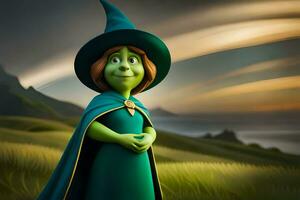 un' cartone animato strega nel verde vestito in piedi nel il erba. ai-generato foto