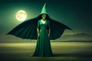 un' donna nel verde vestito in piedi nel davanti di un' pieno Luna. ai-generato foto