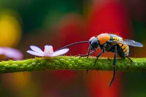un' ape con arancia e nero strisce seduta su un' verde stelo. ai-generato foto