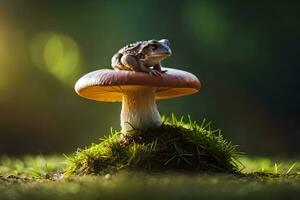 un' rana si siede su superiore di un' fungo nel il foresta. ai-generato foto