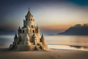 un' sabbia castello su il spiaggia a tramonto. ai-generato foto