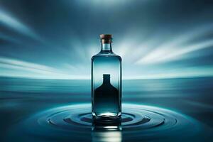 un' bottiglia di alcool nel il acqua con un' blu cielo. ai-generato foto