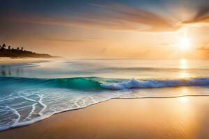 un' bellissimo tramonto al di sopra di il oceano con onde. ai-generato foto