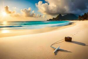 un' valigia su il spiaggia con impronte e un' tramonto. ai-generato foto