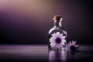 un' bottiglia con un' fiore dentro e un' viola sfondo. ai-generato foto