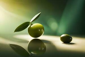 olive su un' tavolo con un' verde foglia. ai-generato foto