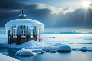 un' piccolo Casa seduta su superiore di un ghiaccio coperto lago. ai-generato foto